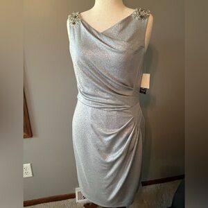 NWT Alex Evenings Silver Dress with Ruched Waist and Beading at the Shoulders